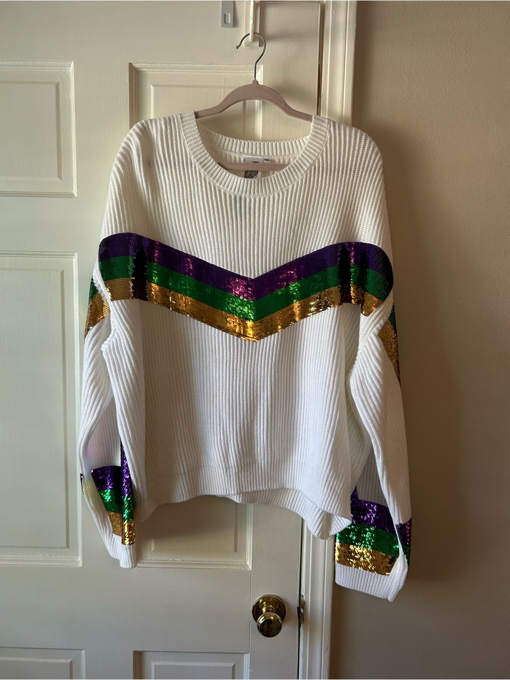NWT QUEEN OF SPARKLES White Ribbed Sweater with Purple, Green & Gold Sequin